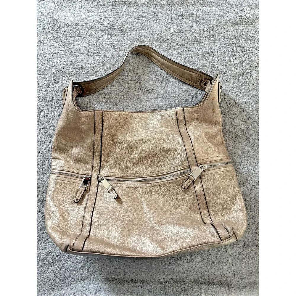 Tignanello Hobo Bag Purse Large Champagne Pebbled Leather Gold Jewel Tone Luxury